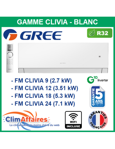 GREE Unités Intérieures - Free Match - CLIVIA BLANC - R32 - FM CLIVIA 9 / FM CLIVIA 12 / FM CLIVIA 18 / FM CLIVIA 24