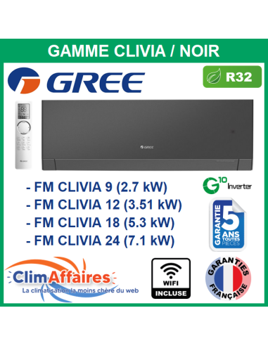 GREE Unités Intérieures - Free Match - CLIVIA NOIR - R32 - FM CLIVIA 9 / FM CLIVIA 12 / FM CLIVIA 18 / FM CLIVIA 24