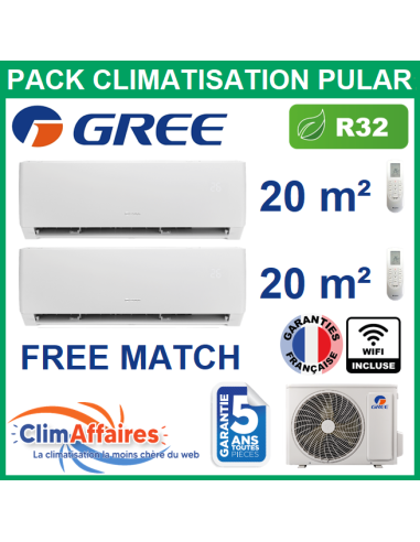 Climatisation GREE bi-splits pour deux pièces de 20 m² chacune - Multisplit free match PULAR - 3NGR4525 + 2 X 3NGR0406