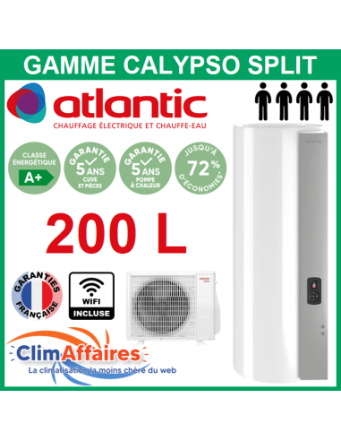 Chauffe Eau Thermodynamique Atlantic SPLIT CALYPSO CONNECTÉ WIFI Vertical Mural 200 Litres - 232519 + 232521