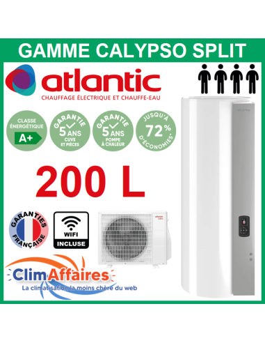 ATLANTIC ELECTRIQUE - Chauffe-eau thermodyna Calypso connecté Split  Inverter verti/mur 200L, raccord diélectrique tournant 3/4, 2 manchons d' isolation Réf. 232519