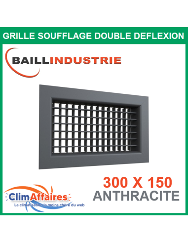 Baillindustrie - Grille de soufflage double déflexion Gainable - Aluminium Anthracite - 300x150 mm - DD300X150AN