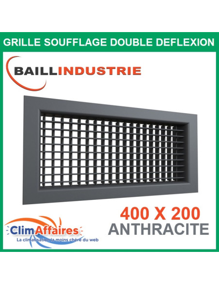 Baillindustrie - Grille de soufflage double déflexion Gainable - Aluminium Anthracite - 400x200 mm -