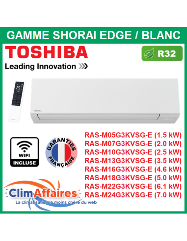 Toshiba Climatiseur Unité Intérieure Multisplit SHORAI EDGE + WIFI Blanc - R32 - De 1.5 kW à 7.0 kW