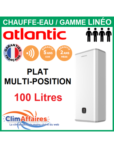 Chauffe-Eau Électrique plat Atlantic - Gamme LINÉO CONNECTÉ - Vertical ou Horizontal Mural multipostions - 100 Litres - 157216