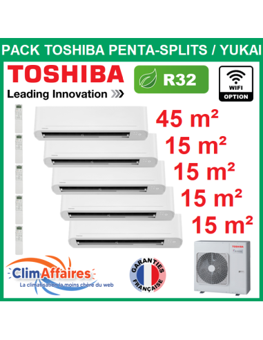 Toshiba pentasplit Climatiseur - YUKAI - R32 - RAS-5M34G3AVG-E + RAS-B16E2KVG-E + 4 x RAS-B05E2KVG-E (10.0 kW)