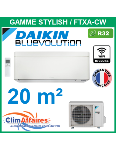 Daikin Climatisation Monosplit Inverter Réversible - STYLISH BLUEVOLUTION + WIFI - R32 - FTXA20CW + RXA20A8 (2.0 kW) - Blanc