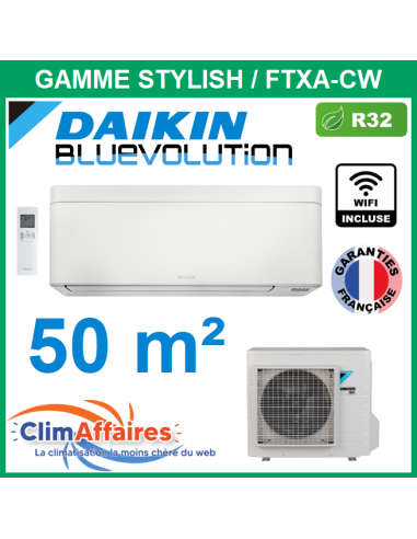 Daikin Climatisation Monosplit Inverter Réversible - STYLISH BLUEVOLUTION + WIFI - R32 - FTXA50CW + RXA50B - Blanc