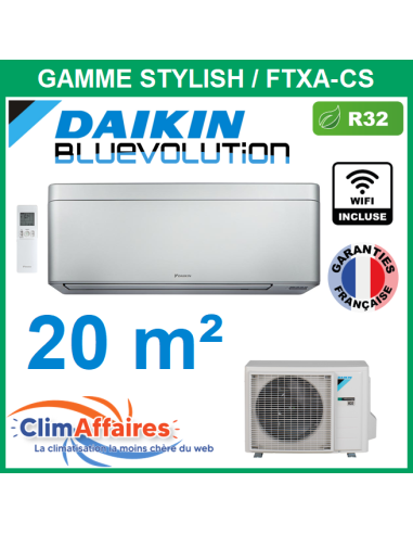 Daikin Climatisation Monosplit Inverter Réversible - STYLISH BLUEVOLUTION + WIFI - R32 - FTXA20CS + RXA20A8 (2.0 kW) - Argent