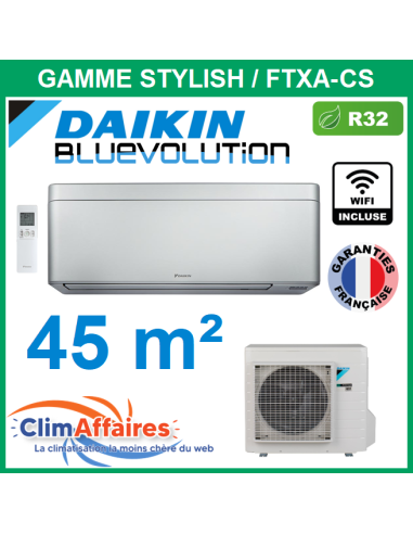 Daikin Climatisation Monosplit Inverter Réversible - STYLISH BLUEVOLUTION + WIFI - R32 - FTXA42CS + RXA42B9 (4.2 kW) - Argent