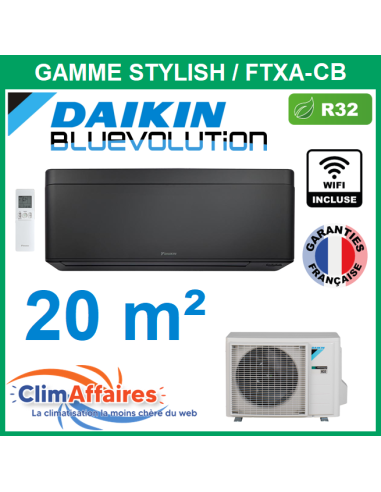 Daikin Climatisation Monosplit Inverter Réversible - STYLISH BLUEVOLUTION + WIFI - R32 - FTXA20CB + RXA20A8 (2.0 kW) - Noir