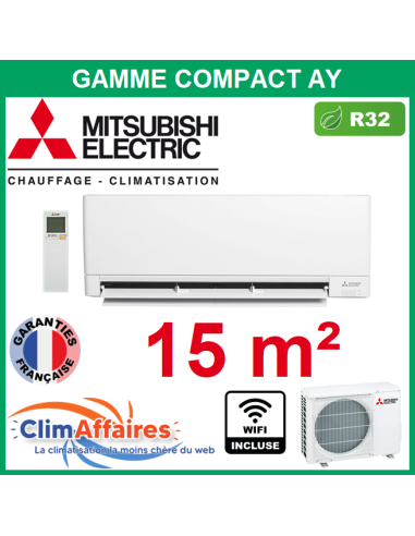 Mitsubishi Climatiseur Mural Monosplit Réversible COMPACT AY R32 - MSZ-AY15VGK + MUZ-AY15VG + WIFI (1,5 kW)