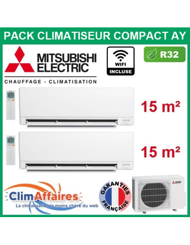 Mitsubishi Climatisation Bisplit COMPACT AY R32 - MXZ-2F33VF4 + 2 x MSZ-AY15VGK + WIFI (3.3 kW)