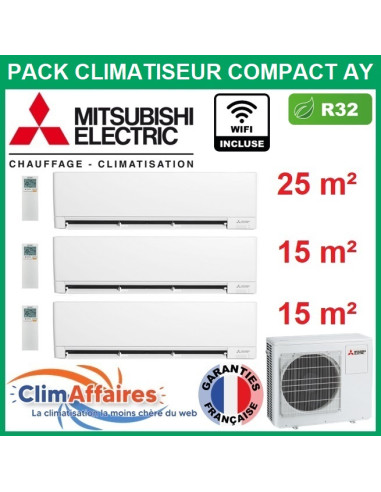 Mitsubishi Climatisation Trisplit COMPACT AY R32 - MXZ-3F54VF4 + 2 x MSZ-AY15VGK + MSZ-AY25VGK + WIFI (5.4 kW)