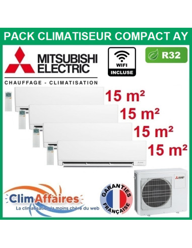 Mitsubishi Climatisation Quadrisplit COMPACT AY R32 - MXZ-4F72VF4 + 4 x MSZ-AY15VGK + WIFI (7.2 kW)
