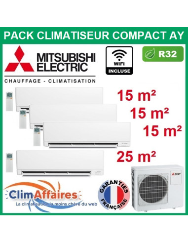 Mitsubishi Climatisation Quadrisplit COMPACT AY R32 - MXZ-4F72VF4 + 3 x MSZ-AY15VGK + MSZ-AY25VGK + WIFI (7.2 kW)