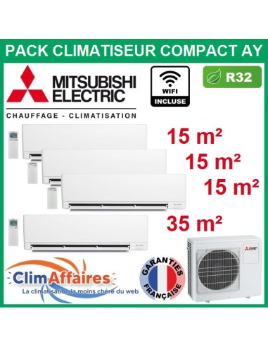 Mitsubishi Climatisation Quadrisplit COMPACT AY R32 - MXZ-4F80VF4 + 3 x MSZ-AY15VGK + MSZ-AY35VGK + WIFI (8.0 kW)