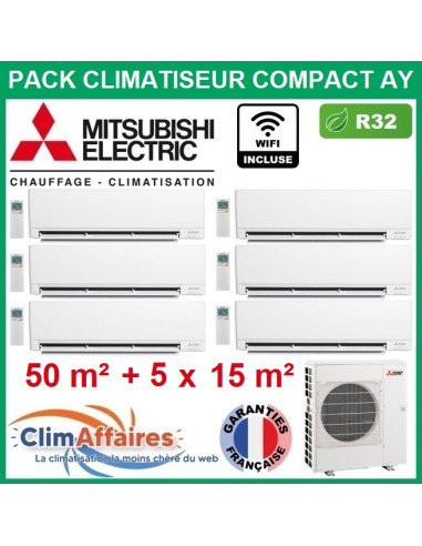Mitsubishi Climatisation 6 split COMPACT AY R32 - MXZ-6F120VF2 + 5 x MSZ-AY15VGK + MSZ-AY50VGK + WIFI (12.0 kW)