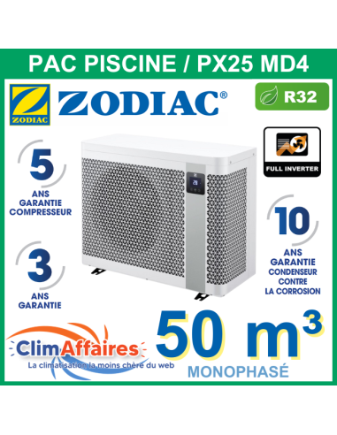 Pompe a chaleur piscine ZODIAC PX25 MD4 + WIFI (9.5 kW) monophasé -WH000578 - pour 50 m³ - R32