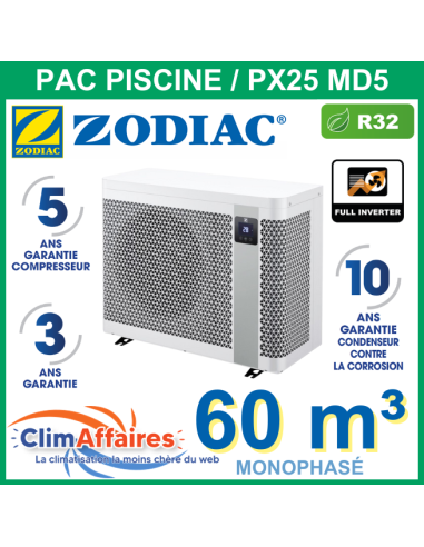 Pompe a chaleur piscine ZODIAC PX25 MD5 + WIFI (13.0 kW) monophasé -WH000579 - pour 60 m³ - R32