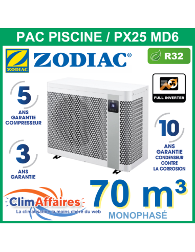 Pompe a chaleur piscine ZODIAC PX25 MD6 + WIFI (15.0 kW) monophasé -WH000580 - pour 70 m³ - R32