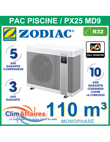 Pompe a chaleur piscine ZODIAC PX25 MD9 + WIFI (24.0 kW) monophasé -WH000583 - pour 110 m³ - R32