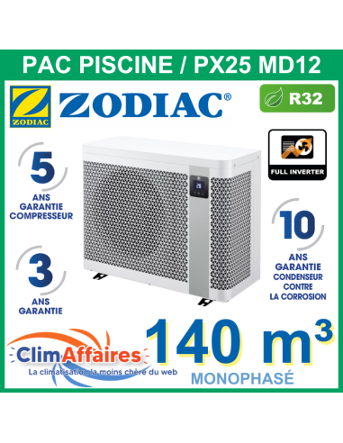 Pompe a chaleur piscine ZODIAC PX25 MD12 + WIFI (31.0 kW) monophasé -WH000585 - pour 140 m³ - R32