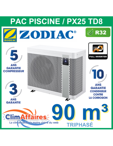 Pompe a chaleur piscine ZODIAC PX25 TD8 + WIFI (19.0 kW) triphasé -WH000582 - pour 90 m³ - R32