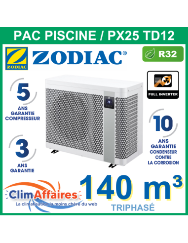 Pompe a chaleur piscine ZODIAC PX25 TD12 + WIFI (31.0 kW) triphasé -WH000586 - pour 140 m³ - R32