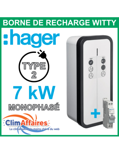 Borne de recharge WITTY Start HAGER (7.0 kW) monophasé - IP55 / T2 / TIC / 32 A / Clé - XEV1K07T2TPFR