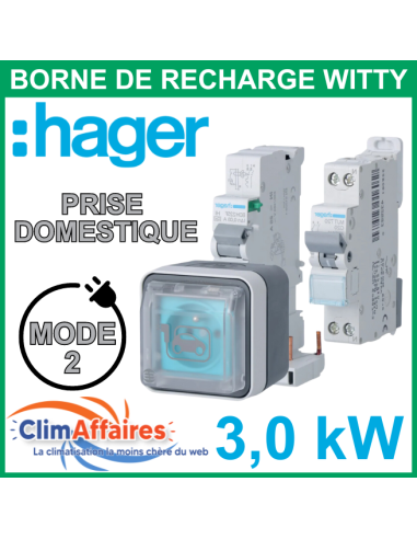 Borne de recharge WITTY Prise HAGER (3.0 kW) - IP55 / 2P+T / 16 A / Protection Différentielle - XEV080P