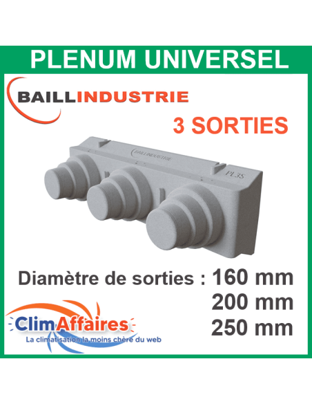 Baillindustrie Plénum universel de soufflage/reprise PL3S prêt à poser 3 sorties modulables (160 mm 