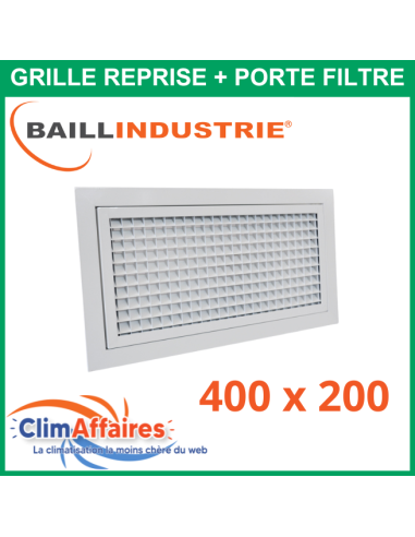 Baillindustrie - Grille de reprise + porte filtre - Aluminium blanc mat - 400x200 mm - GRAB400X200
