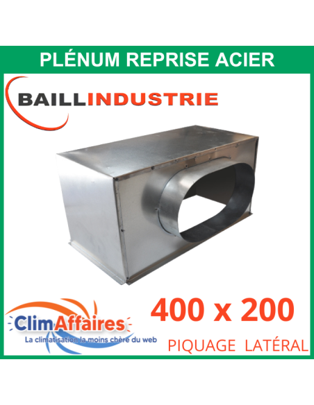Baillindustrie - Plénum en acier piquage latéral pour grille de reprise porte filtre - 400x200 mm - 