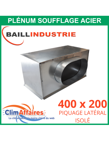 Baillindustrie - Plénum en acier piquage latéral isolé pour grille de soufflage double déflexion alu blanc - 400x200 mm
