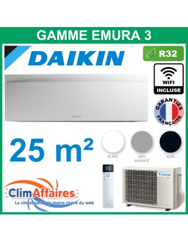 Daikin Climatisation Mono-split - EMURA 3 Bluevolution - R32 - FTXJ25AW/B/S + RXJ25A + WIFI (2.5 kW)
