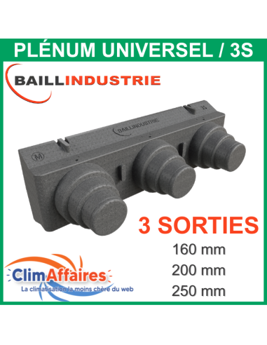 Baillindustrie Plénum Universel Prêt à Poser Soufflage/Reprise - 3 sorties modulable (160 mm / 200 mm / 250 mm) - 3S