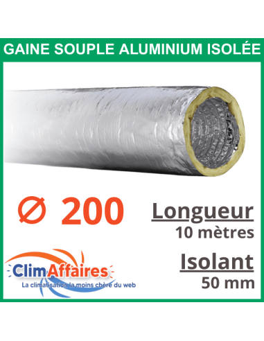 Gaine flexible gainable aluminium isolée M0/M1 Laine de verre - Diamètre 200 mm / Isolant 50 mm / Longueur 10 mètres