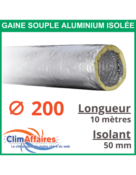 Gaine flexible gainable aluminium isolée M0/M1 Laine de verre - Diamètre 200 mm / Isolant 50 mm / Lo