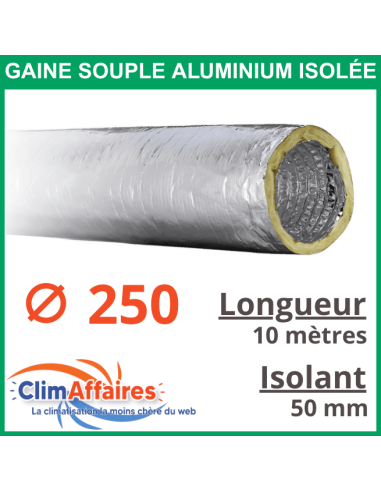 Gaine flexible gainable aluminium isolée M0/M1 - Diamètre 250 mm / Isolant 50 mm / Longueur 10 mètres