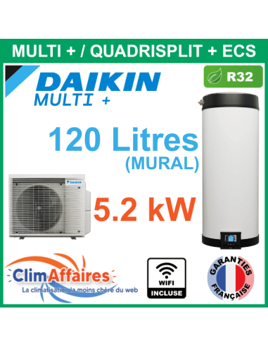DAIKIN Multi+ Pompe à Chaleur Air/Air + Ballon ECS Monophasé - 4MWXM52A9 + EKHWET120BV3 (5.2 kW / 120 L)