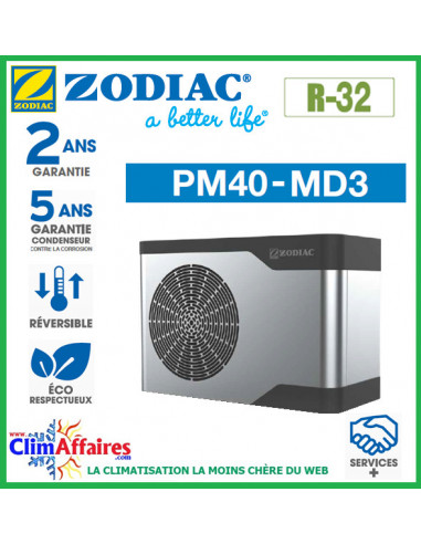 ZODIAC - PM40 - Pompe à chaleur pour piscine - PM40 MD3 - R32 - 10.5 kW - Monophasé - Réversible (Jusqu'à 50 m³)