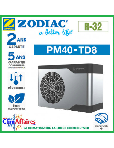 ZODIAC - PM40 - Pompe à chaleur pour piscine - PM40 TD8 - R32 - 22.1 kW - Triphasé - Réversible (Jusqu'à 110 m³)