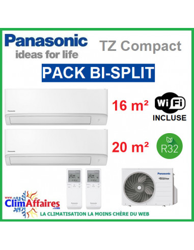 Panasonic Climatisation Bi-Splits - R32 - Mural TZ Compact - CU-2Z35TBE + CS-MTZ16WKE + CS-TZ20WKEW + WIFI (3.5 kW)