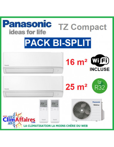 Panasonic Climatisation Bi-Splits - R32 - Mural TZ Compact - CU-2Z41TBE + CS-MTZ16WKE + CS-TZ25WKEW + WIFI (4.1 kW)