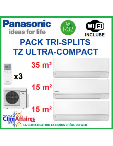 Panasonic Climatisation Tri-Splits - R32 - Mural TZ Ultra-Compact - CU-3Z68TBE + 2 x CS-MTZ16WKE + CS-TZ35WKEW + WIFI (6.8 kW)