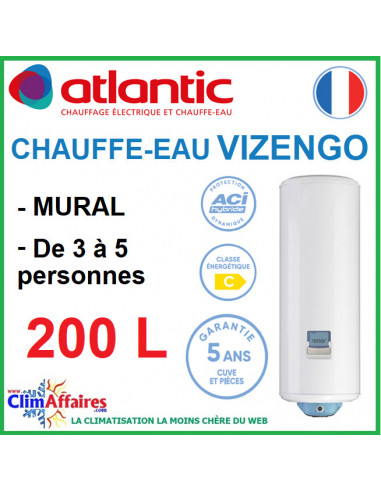 Chauffe-Eau Électrique Atlantic - Gamme VIZENGO - Vertical Mural - 200 Litres