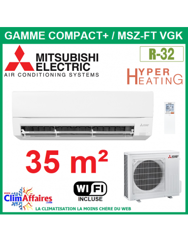 Mitsubishi Climatisation Monosplit 1 pièce de 35m² gamme Compact+ MSZ-FT35VGK + MUZ-FT35VGHZ