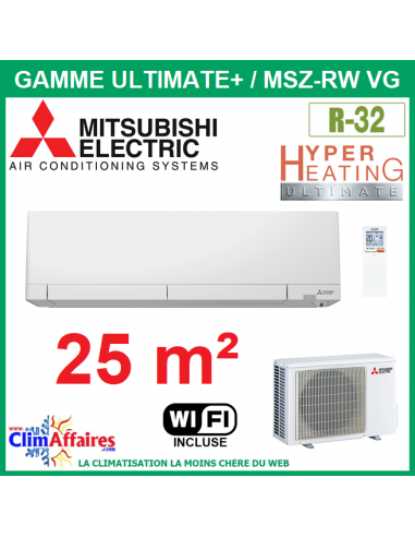 Mitsubishi Climatisation Monosplit 1 pièce de 25 m² gamme ultimate + MSZ-RW25VG + MUZ-RW25VGHZ