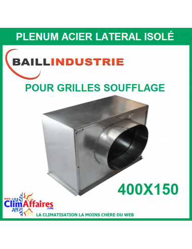 Baillindustrie - Plénum en acier piquage latéral isolé pour grille de soufflage double déflexion alu blanc - 400x150 mm
